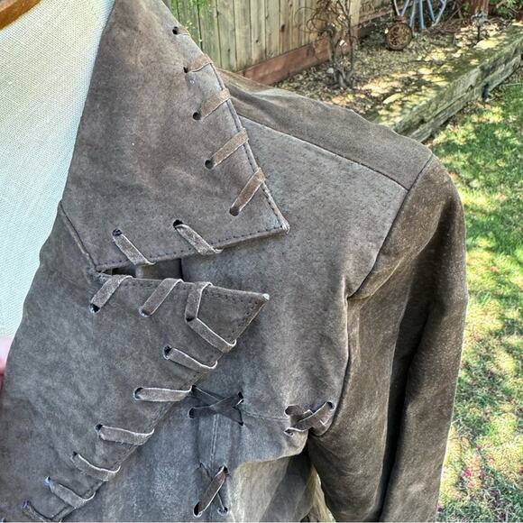 Vtg Y2K Marcelle Renee Brown Suede Leather Whipstitch Trench Coat Women's Small - Picture 6 of 16